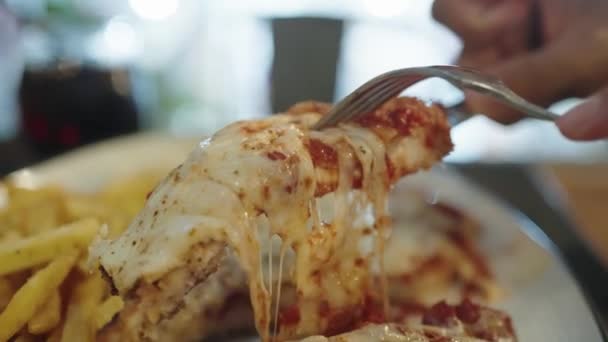 鶏の胸肉パルミジャーナは 溶かしたモッツァレラチーズとナポリソースとフランスのフライをトッピング — ストック動画