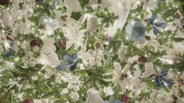 Mooie Verlichte Kerstboom Decoratie Sneeuwballen Blauwe Bloemen Witte Uilen Schaatsen — Stockvideo