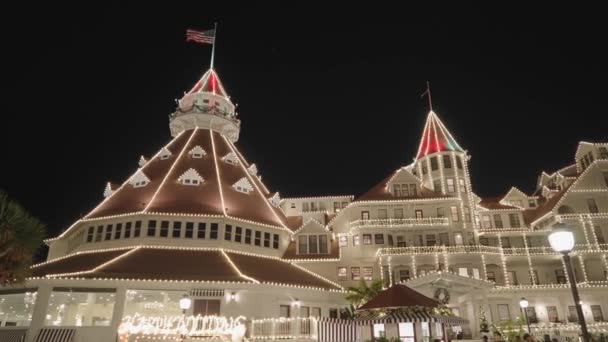 Hotel Del Coronado Victorian Style Resort Освещается Светом Рождество Новый — стоковое видео