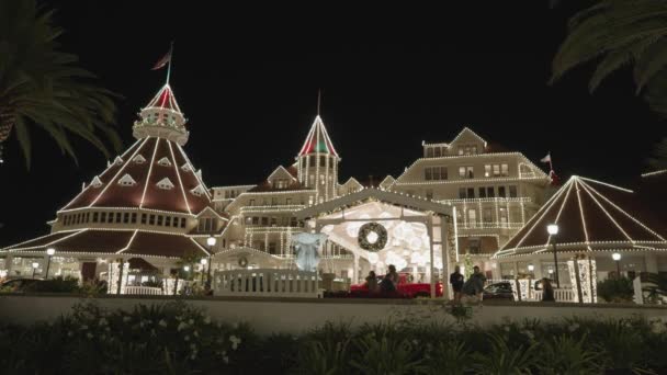 Hotel Del Coronado Victorian Style Resort Освещается Светом Рождество Новый — стоковое видео
