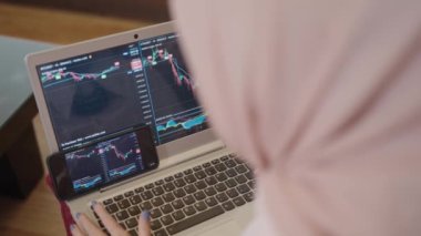 Modern Muslim Woman on Hijab Southeast Asian - Trading Investing on Stock Market Crypto Forex Through Her Laptop Displaying Graphic Chart