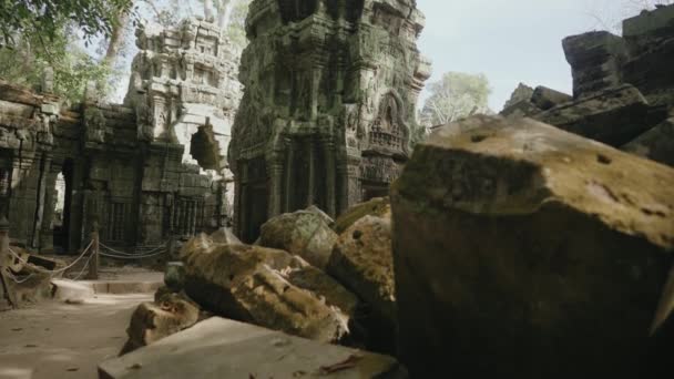 Prohm Temple Bayon Style Angkor Archeological Park Tree Roots Stones — стокове відео