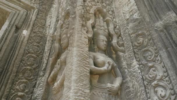 Prohm Temple Bayon Style Angkor Archeological Park Close Detail Relief — Vídeo de stock