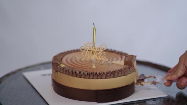 Cutting Happy Birthday Cake Candle White Background — 비디오