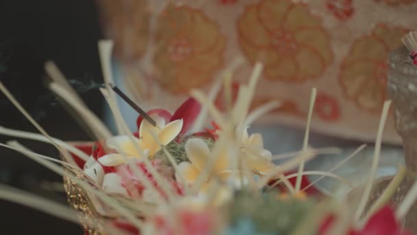 Canang Sari Insence Flowers Gebongan Szimbóluma Felajánlások Hindu Balinéz Rituális — Stock videók