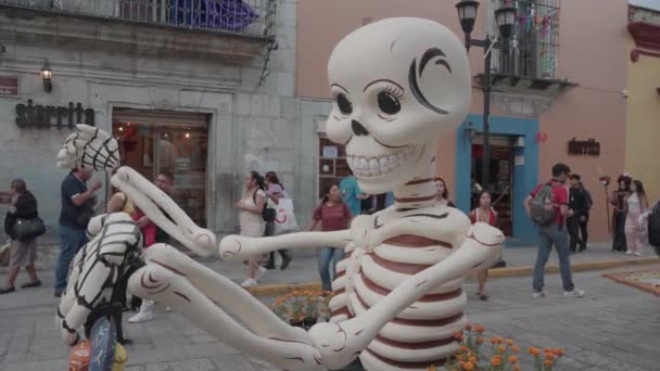 Skelett Och Dödskallar Displaylinje Gatorna Dödas Dag Dia Los Muertos — Stockvideo