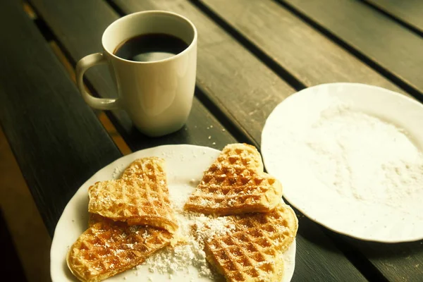 Cup Coffee Heart Shaped Waffles — Stock Photo, Image