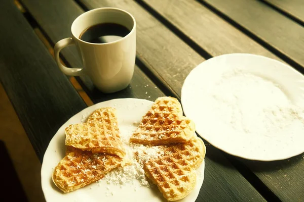 Cup Coffee Heart Shaped Waffles — Stock Photo, Image
