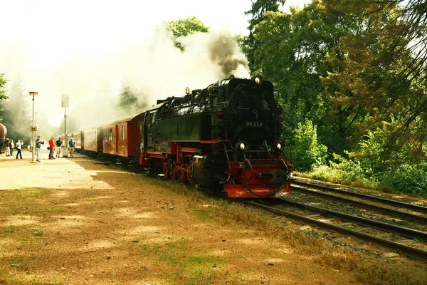 Vecchia Locomotiva Vapore Alla Stazione Ferroviaria — Foto Stock