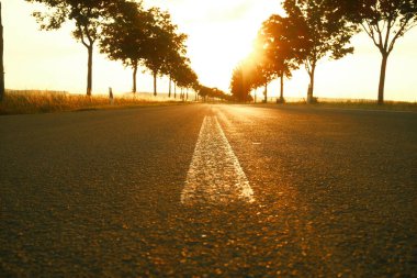 Kırsal alanda gün batımında boş asfalt yol