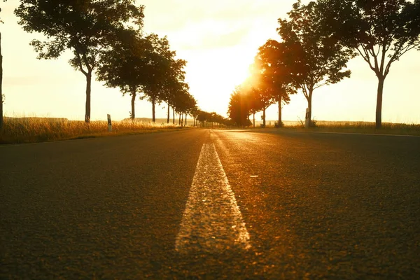 Άδειος Ασφαλτοστρωμένος Δρόμος Στο Ηλιοβασίλεμα Στην Αγροτική Περιοχή — Φωτογραφία Αρχείου