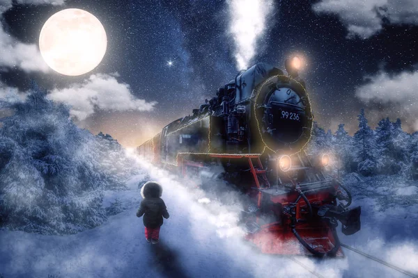 Yılbaşı kartı. Çocuklu bir Noel treni. Yeni yıl arifesi.