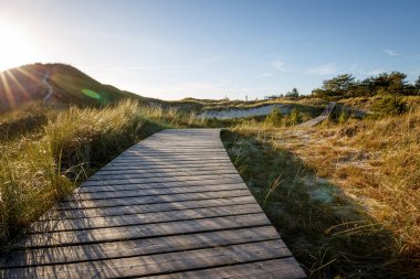 Gün batımında denize giden ahşap yol.