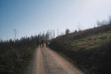Ormandaki toprak yolda sırt çantalı bir grup insanın arka planı.             
