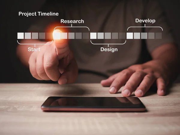 Project timeline management on virtual screen of smart phone, Project management concept