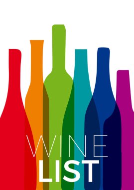 Neşeli ve renkli şişeleri olan şarap restoranı menüsü tasarımı. Şarap listesi için arka plan. Vektör illüstrasyonu