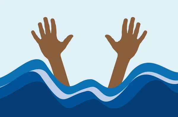 Bather Demande Aide Noyant Mains Migrants Émergeant Des Vagues Mer — Image vectorielle