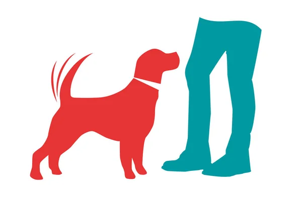 Hund Wedelt Fröhlich Mit Dem Schwanz Seinem Herrchen Vektorillustration Silhouette — Stockvektor
