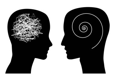 İki kafa silueti. Karışıklık ve rasyonellik kavramı.