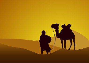 caravan in the desert, sunset background. Vector poster camel and bedouin in the Sahara in silhouette