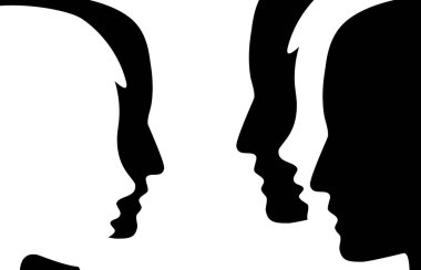 Discussion and contrasts between a group of people. Human head in silhouette. Concept of dialogue, meeting and talk show