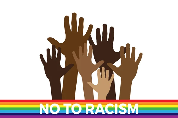 反对种族主义 停止种族主义和歧视 来自不同种族的手带有和平旗彩虹的矢量图解 — 图库矢量图片