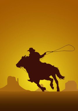 Rodeo yarışması, günbatımı arka planı. Büyük Kanyon 'da siluet içinde at üstünde kovboy ve kement.