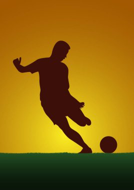 Football competition tournament, Soccer player on sunset background. Vector poster with man playing game and ball in silhouette