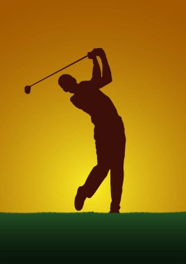 Golf club competition tournament, Golfer on sunset background. Vector poster with man playing game on green in silhouette
