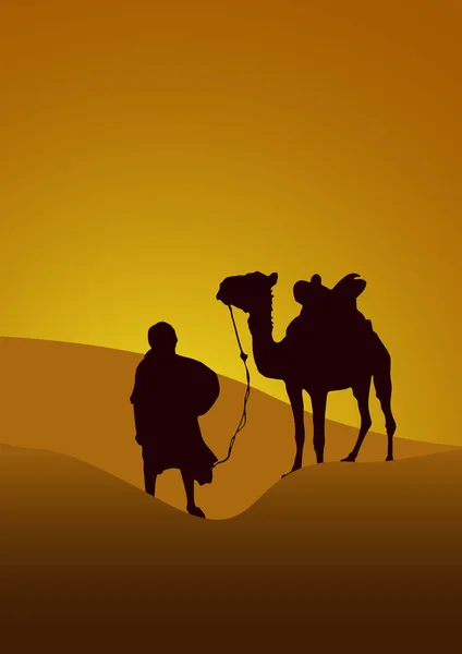 Caravan Desert Sunset Background Vector Poster Camel Bedouin Sahara Silhouette — Stock Vector