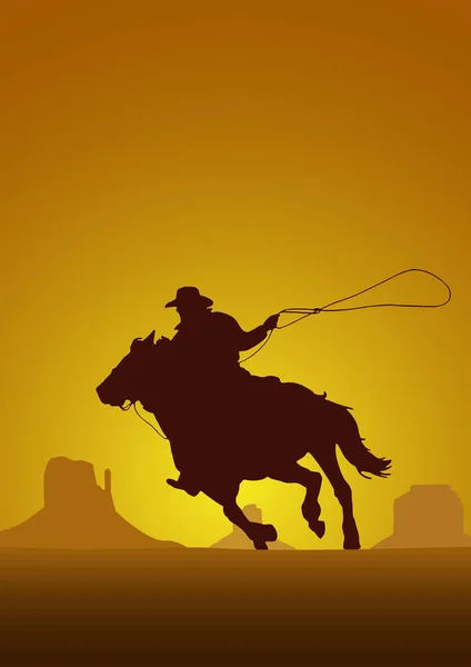 Rodeo Competition Tournament Sunset Background Vector Poster Cowboy Lasso Horse — Vector de stock