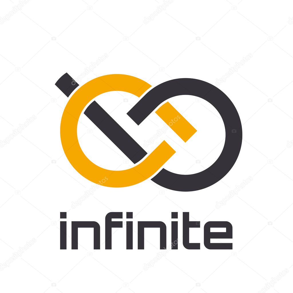 Two rings forming infinity. Infinite, teamwork and union concept. Vector template in orange and black, logo design