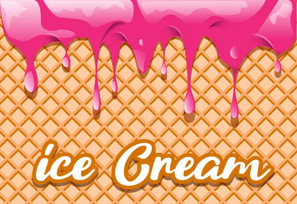 溶かしたピンク色のアイスクリームをワッフルコーンに滴下します ベクターイラスト テンプレート — ストックベクタ
