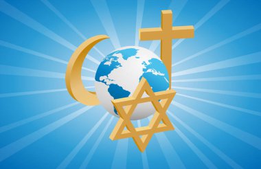 Dinler arasında barış ve diyalog. Altın Hıristiyan, Yahudi ve İslami semboller dünyanın her yerinde