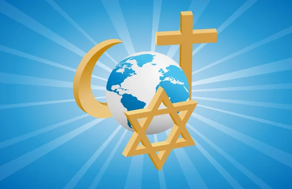 Peace and dialogue between religions. Golden christian, Jew and Islamic symbols around the earth