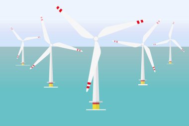 Offshore rüzgâr çiftliği, denizdeki yel değirmeni parkının vektör çizimi. Alternatif enerji 