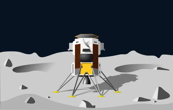 Лунный Посадочный Модуль Приземляется Серый Кратерный Ландшафт Луны Векторная Иллюстрация — стоковый вектор