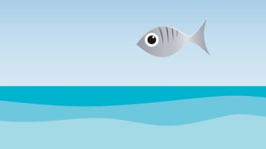 Denizden atlayan balıklarla dolu zengin bir deniz. Animasyon çizgi film. Sürdürülebilir balıkçılık konsepti
