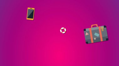 Seyahat acentesinin yaz tatillerinde deniz ve plaj geçmişinde. Pembe ve mor renklerde canlandırılmış simgeler