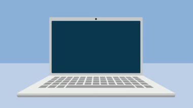 Evden öğrenme. Öğrenci portreli dizüstü bilgisayar. Öğrenciler bir öğretmeni dinler. Online eğitim. Çizgi film, animasyon çizimi