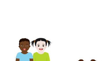 Çocuklar fotoğraf için birlikte poz veriyorlar. Çok ırklı bir okul grubunun hatıra fotoğrafı. Canlandırılmış resimleme