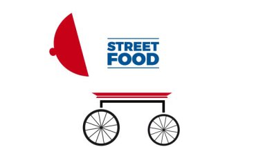 Fast street food arabası, saat ve mesaj. Simge beyaz ve siyah arkaplanda izole edildi. Şehir büfesi. Hareketli grafik canlandırma