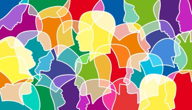 Kafa karışıklığı içindeki insan. Çeşitlilik. Çok ırklı bir kalabalık. İşçi grubu, topluluk. Düz stil. Vektör illüstrasyonu. Renkli isimsiz insanlar. 