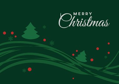 Yeşil Noel ağaçları ve yeşil arka planda kar taneleri olan mutlu noel tebrik kartları.