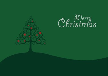 Yeşil bir tepede büyüyen kırmızı süslemeli stilize Noel ağacı mutlu noeller kutluyor.