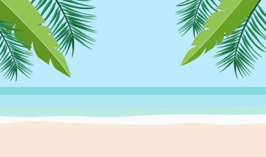 Güneşli bir günde güzel bir deniz manzarası çerçeveleyen palmiye ağaçlarıyla dolu tropik bir sahil. Yaz tatili için mükemmel bir reklam. Kopya alanı ile vektör illüstrasyonu