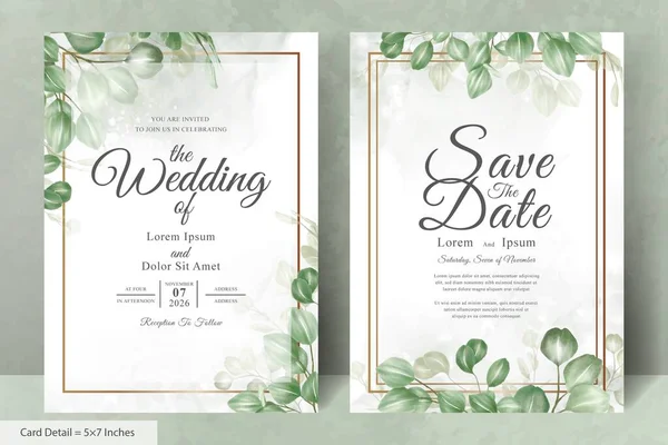 ユーカリの葉と緑の結婚式の招待状のテンプレート — ストックベクタ
