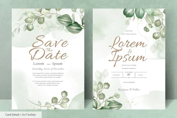 ユーカリの葉とエレガントな結婚式の招待テンプレートのセット — ストックベクタ