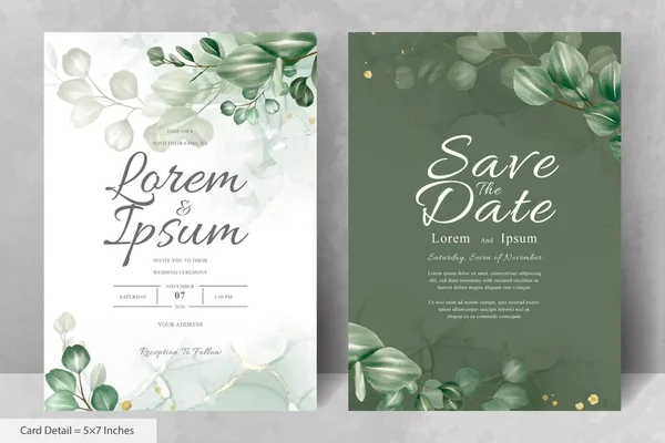 stock vector Set of Minimalist Wedding Invitation Card Template with Greenery Eucalyptus Arrangement