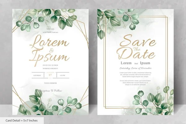 Állítsa Zöld Virágos Keret Esküvői Meghívó Kártya Sablon — Stock Vector
